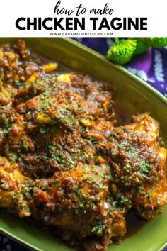 chicken tagine in a green bowl with parsley on top and text overlay that reads how to make chicken tagine