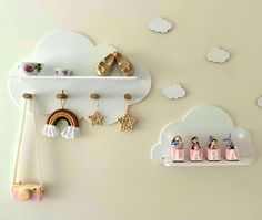 there is a shelf with toys on it and clouds in the sky above them,