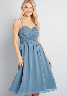 This dusty blue cocktail dress from our ModCloth namesake label is sure to impress at just about every event penciled into your calendar. Though the adjustable spaghetti straps of this lovely A-line are optional, its non-slip bust strip behind the sweetheart neckline, supportive padding, crocheted lace bodice, and chiffon, pocketed skirt are permanent fixtures in such a stunning look. Self and Lining: 100% Polyester. Trim Fabric: 100% Cotton. Hand wash. Fabric does not provide stretch. Removable Light Teal Dress, Vintage Style Swimwear, Form Fitting Clothes, Casual Dresses Plus Size, Midi Dress Plus Size, Blue Cocktails, Vintage Swimwear, Blue Cocktail Dress, Crocheted Lace