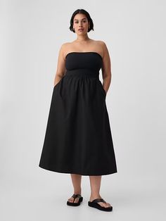 Mixed Media Midi Dress | Gap Elegant Midi Dresses With Removable Straps, Chic Sleeveless Midi Dress With Removable Straps, Summer Evening Dress With Relaxed Skirt, Chic Bandeau Midi Dress For Summer, Evening Midi-length Dress With Relaxed Skirt, Cotton Midi Dress For Date Night, Strapless Sundress Midi Dress For Brunch, Chic Bandeau Midi Dress For Brunch, Elegant Strapless Bandeau Dress For Day Out