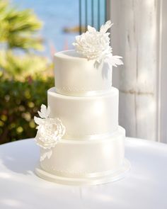 a white wedding cake sitting on top of a table next to the ocean and palm trees