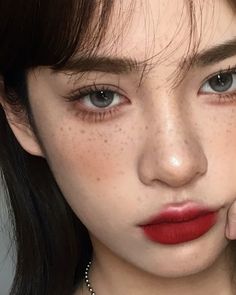 Peach Asian Makeup, Red Lips Eye Makeup, Blush And Freckles Makeup, Asian Freckles Makeup, Asian Makeup On Western Eyes, Asian Fishing Makeup Example, Natural Red Lip Makeup, Half Asian Makeup, Douyin Makeup On Western Features