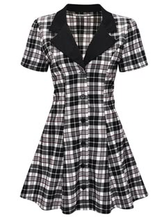 Black Fitted A-line Plaid Dress, Fitted Knee-length Retro Plaid Dress, Fitted Retro Knee-length Plaid Dress, Retro Fitted Knee-length Plaid Dress, Plaid Cotton A-line Dress, Cotton Short Sleeve Lined Mini Dress, Fitted Plaid Dresses With Lining, Fitted Lined Plaid Dress, Fitted Casual Vintage Mini Dress