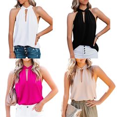 Summer Chiffon Halter Vest Women Solid Sleeveless Pullovers Basic Chic Tee Shirt Korean Fashion Tops Plus Size Clothes Chic Sleeveless Chiffon Blouse, Sleeveless Chiffon Tops For The Beach, Sleeveless Chiffon Top For Beach, Korean Fashion Tops, Halter Vest, Shirt Korean, Vest Tops, Tops Plus Size, Vest Women