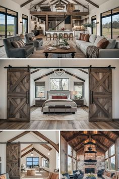 this is a collage of photos showing the inside and outside of a barn style home