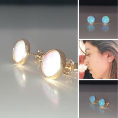 White Opal Earrings For Pierced Ears, White Cabochon Earrings For Anniversary, White Opal Jewelry With Matching Earrings, White Round Pierced Crystal Earrings, Gold Opal Cabochon Earrings, Gold Opal Round Earrings, Gold Round Opal Earrings, White Round Stone Earrings For Gift, White Round Crystal Earrings For Pierced Ears