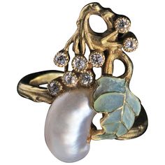 An exceptional Japonisme inspired ring The baroque-shaped natural pearl measuring approximately 11.3 x 7.6 mm. Illustrated in our book: Beatriz Chadour-Sampson & Sonya Newell-Smith, Tadema Gallery London Jewellery from the 1860s to 1960s, Arnoldsche Art Publishers, Stuttgart 2021, cat. no. 474 Published as a ring by Georges le Turcq by Jean-Jacques Richard in 2015 in his book: Georges LE TURCQ Dessinateur et Fabricant, époque Art Nouveau Ring size: UK: L US: 5 3/4 EU: 50 7/8 Georges Fouquet, Luxury Objects, Bijoux Art Deco, Bijoux Art Nouveau, Art Nouveau Ring, Harry Potter Disney, 1st Dibs, Vintage Jewlery, Nouveau Jewelry