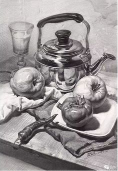 a still life drawing of apples and an old fashioned tea kettle