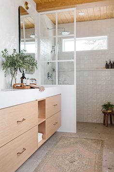 a bathroom with a sink, mirror and plants