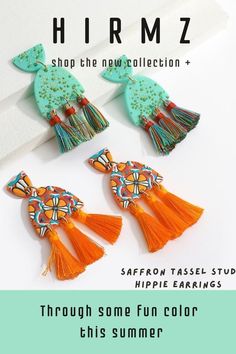 Something unique & simple, boho earrings to add to your fashion style! Our Saffron aesthetics boho clay earrings , mix with all the pop bohemian colors finish with handmade tassels style.Handcrafted with polymer clay & specially made in lightweight sustainable quality which helps you feel really comfortable even after wearing them all day. #clayearrings #polymerclayearrings #cuteclayearrings #flowerclayearrings #polymerclaystudearrings #polymerclayearringsforsale Boho Clay Earrings, Boho Hippie Style, Multicolor Jewelry, Summer Purses