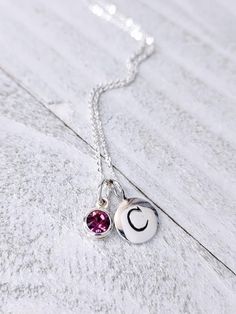 "100% Solid 925 Sterling Silver Personalized Initial and Birthstone Necklace - Each piece is .925 Sterling Silver. Featuring a 13mm miniature Round Initial Disc Charm and a Tiny (5.5mm) delicate Swarovski Crystal Birthstone with a well made .08m Cable or Box Chain. Happy Birthday 3\" Necklace Gift Box included. Click Link below to Shop our Etsy Store: https://www.etsy.com/shop/LastingMemoryJewelry Best For: Sterling Silver Necklace, Initial and Birthstone Jewelry, Personalized Birthstone Necklac Necklaces For Her, Sterling Silver Birthstone Necklace, Birthday Necklace Gift, February Birthstone Necklace, February Birthday Gifts, Necklace Gift Box, Necklace Initial, Jewelry Personalized, Printed Jewelry