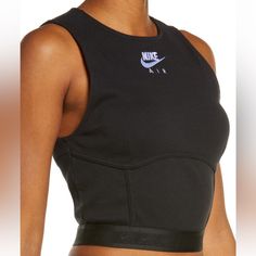 Women's Nike Air Black Ribbed Tank Nwt Size Xs Black Cropped Sporty Tank Top, Black Ribbed Top For Streetwear, Black Sports Crop Top For Spring, Black Sporty Crop Top For Spring, Black Fitted Tank Top With Crew Neck, Black Fitted Crew Neck Tank Top, Nike Black Sleeveless Top, Black Fitted Crop Top For Sports, Black Ribbed Fitted Tank Top