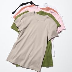 Soft Ribbed T-Shirt Short Sleeve Crew Neck Xs Green Basic Solid Top With Ribbed Neckline, Basic Solid Tops With Ribbed Neckline, Basic Top With Ribbed Neckline, Basic Ribbed Cotton Short Sleeve Top, Casual Solid Color Tops By Uniqlo, Basic Crew Neck Plain Tops, Basic Solid Crew Neck Top, Uniqlo Short Sleeve Tops For Summer, Spring Uniqlo Fitted Tops