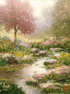 an impressionist painting of a stream in a garden with flowers, rocks and trees