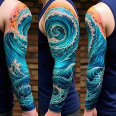 the arm is painted with blue and orange waves on it's arms, while another half - sleeve tattoo design looks like an ocean wave