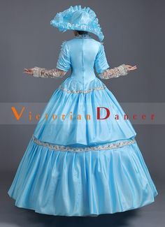 Renaissance Light Blue Baroque Rococo Southern Belle Dress Theater Costume   Condition: Brand New  Color: amp;nbsp; As Picture  Material: Satins And Lace  Silhouette: Ball Gown  Sleeve Length: Long Sleeve  Dresses Length:Floor-Length  Neckline: O-Neck  Decoration: Lace  Style: Vintage   Includes: Dress + Hat   More Detail: About 45 inches (114 cm) long from waist to hem regardless of size. This dress is pictured with a 4-hoop skirt underneath to achieve the look. Hoop skirts are NOT INCLUDED wit Elegant Blue Victorian Dress For Fancy Dress, Elegant Blue Victorian Dress For Party, Fitted Blue Victorian Dress For Wedding, Blue Victorian Dress For Fancy Dress Events, Victorian Blue Dress For Fancy Dress Events, Victorian Blue Dress For Fancy Dress Occasions, Victorian Blue Dress For Fancy Occasions, Elegant Blue Gown For Fancy Dress, Blue Ball Gown For Fancy Dress