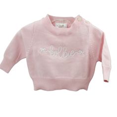 Baby girls pink monogrammed sweater features round crewneck and is made of soft lightweight cotton.  Personalized sweater makes a great baby shower gift. 100% Cotton Machine washable Pink Long Sleeve Sweatshirt With Name Print, Personalized Pink Crew Neck Sweatshirt, Personalized Pink Crew Neck Sweater, Personalized Cute Crew Neck Sweater, Personalized Pink Long Sleeve Sweater, Personalized Pink Top For Spring, Personalized Pink Tops For Spring, Personalized Pink Sweater For Winter, Pink Long Sleeve Top For Gender Reveal