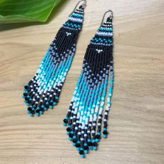 City-to-Beach-Fringe-Ombre-Earrings-Natural Artisan Hand-strung Beaded Earrings, Artisan Beaded Earrings For Festivals, Bohemian Hand-strung Beaded Earrings, Fringe Bead Earrings, Black To Blue Ombre, Beaded Boho Jewelry, Seed Bead Fringe Earrings, Ombre Earrings, Bead Fringe