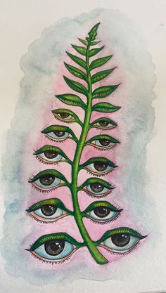 a drawing of an eye and a green leaf on top of the other eyeballs