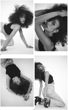 black and white photo collage of woman in various poses with curly hair, sitting on the floor