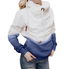 Contrast Stitching Hooded Turtleneck Sweater Women Casual Solid Contrast Long Sleeve Hoodie Sweatshirt Tops Female Hooded Jumper White Funnel Neck Sweatshirt For Winter, White Funnel Neck Sweatshirt For Fall, White Winter Sweatshirt With Drawstring, Winter White Sweatshirt With Drawstring, White Drawstring Sweatshirt For Winter, White Drawstring Sweatshirt For Fall, Blue Hoodie With Drawstring For Winter, Hooded Drawstring Top For Winter, Winter Hooded Top With Drawstring