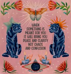 two blue cats sitting next to each other with a butterfly above them and the words when something is meant for you, it will bring