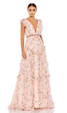 Long a-line floral print ruffle sleeve formal dress with open back and low v-neckline. Summer Black Tie Wedding, Formal White Shirt, Cap Sleeve Gown, Mother Of Bride Outfits, Formal Dresses With Sleeves, Tulle Evening Dress, Sleeve Gown, Long Formal Dress, Bride Outfits