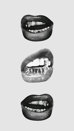 three black and white images of lips with teeth