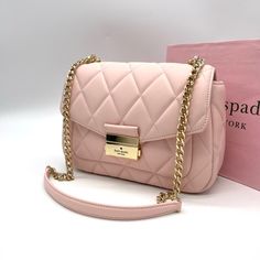 Brand New With Tag Kate Spade Carey Small Quilted Flap Shoulder Crossbody Bag Product Details Measurements 9.4" W X 6.2" H X 3" D Color: Conch Pink Features Strap Drop: 20.5" On Hardware Logo Closure Type: Flap With Push Lock Closure Dust Bag Included: No Interior: Back Zip Pocket Exterior: Front Slip & Back Zip Pocket Materials Quilted Leather Lining: Two Way Spade Jacquard Lining Imported Style Number Ka767 Pink Crossbody Flap Bag For Formal Occasions, Pink Flap Bag With Detachable Strap For Shopping, Elegant Pink Flap Bag For Travel, Chic Pink Top Handle Flap Bag, Formal Pink Crossbody Shoulder Bag, Trendy Kate Spade Bag For Evening, Chic Pink Flap Bag With Detachable Strap, Chic Pink Flap Bag For Travel, Pink Chain Strap Flap Bag For Evening