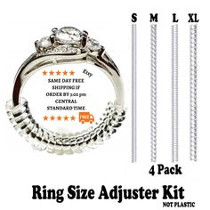 Ring Size Adjuster Makes ring smaller.  ring guard for resizing your rings.  Fits both men and woman's ring up 5mm in wide and small sizes down to 1mm. 👍 VERY EASY TO USE Spiral coil to wrap around rings.  Ring Size Adjuster will reduce your ring size up to 4 sizes depending on how much of the product you use. 👍 THE MORE COIL YOU WRAP.  The smaller the ring size gets.  How to check that the ring sizer is the right one for you?  1 Nickle equals 2mm wide. 1 Nickle and 1 Dime equals 3mm wide. 3 Dimes equals 4mm wide. 2 Nickles and a Dime Equals 5mm wide. We Supply you with ring sizers that fit any of these ring widths. 👍 LOOSE RINGS THAT ARE TWO BIG and are in danger of losing them, The ring size adjuster is a fast and easy solution to lose ring on your finger - This Product comes in 4 siz Ring Size Adjuster, Ring Guard, Spinning Rings, Silicone Ring, Beautiful Wedding Rings, Braided Ring, You Loose, Silicone Rings, Wide Rings