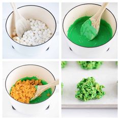 four pictures showing different stages of making green food with marshmallows in them