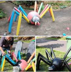 three pictures of an inflatable spider on the ground, and another photo of a man working on it