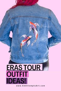 Find your perfect Eras Tour outfit and impress all your swiftie friends with these Eras Tour ideas! Dress to impress with this concert outfit inspo inspired by Taylor Swift fan art! These concert outfit ideas include custom painted denim jackets, customised hats and other accessories that will complete the perfect look for whichever era you choose to base your outfit on! I sell hand painted custom jackets, including this speak now koi fish inspired jacket, custom accessories and art, which I especially love painting inspired by my favourite songs, lyrics and music artists! Be fearless with your enchanted outfit and increase your reputation with your style! Message me for more info about how to order your custom eras tour jacket now! EmAttemptsArt on instagram! Taylor Swift Fan Art, Concert Outfit Inspo, Eras Tour Outfit, Personalized Jacket, Custom Denim Jacket, Hand Painted Denim Jacket, Painted Denim Jacket, Painted Jacket, Unique Jackets