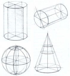 four different angles of a cone, cylinder and sphere with the same point on each side