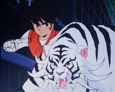 an animated image of a man with a tiger on his chest and another person in the background