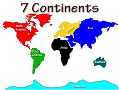 the world map with seven continents in different colors and numbers on each one side