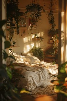 an unmade bed in a room with plants hanging on the wall and sunlight streaming through the window