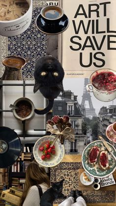 a collage of photos with food, coffee and other things on it that include cat's head