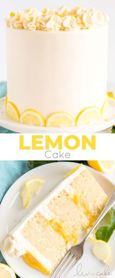 a lemon cake with white frosting and sliced lemons