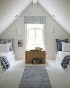 a bedroom with white walls and two beds