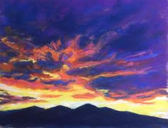 an oil painting of a sunset over mountains