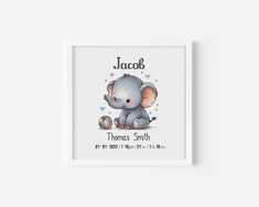 a cross stitch pattern with an elephant on it's back and the name jacob