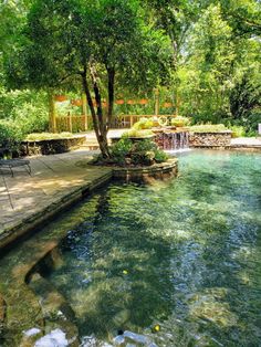 the water is crystal clear and blue in this backyard pond with stone steps leading up to it