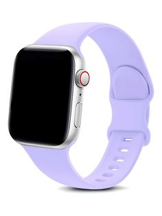 an apple watch with a purple band is shown on a white background, it's showing the time