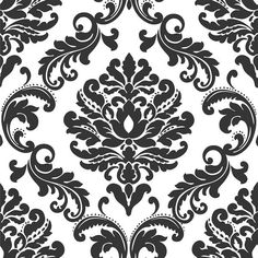 a black and white damask wallpaper with an ornate design in the center,