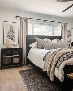 Curtains small window Window Over Bed, Bed Inspiration, Black Bed Frame, Black Bed, Gorgeous Bed, Bedding Inspiration, Bedroom Updates, Bedside Lamps, Black Bedding