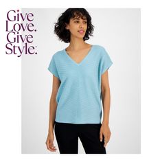 in stock V-neck Textured Knit Top For Day Out, Textured Knit V-neck Top For Day Out, V-neck Textured Knit Tops, Light Blue Knit V-neck Top, Blue Knit Top For Spring, Light Blue V-neck Top For Fall, Blue Textured Knit Short Sleeve Top, Light Blue Textured Knit Tops For Spring, Chic Blue Short Sleeve Knit Top