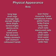 some words that are written in different languages on a red background with the words physical appearance body