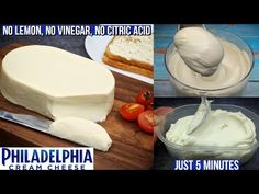 there are pictures of different types of cheeses and creams on the counter top