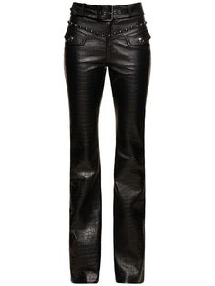 Find Alessandra Rich Belted Leather Pants on Editorialist. Front button and concealed zip closure. Adjustable buckle belt at waist. Two front pockets. Model is wearing a size38 Wardrobe Change, Designer Pants, Biker Outfit, Alessandra Rich, Black Trousers, Character Ideas, Buckle Belt, Shearling Jacket, Kpop Outfits